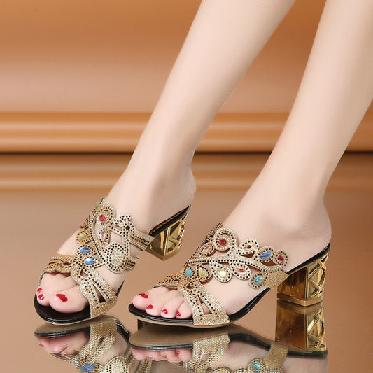 Summer Thick Heel Platform Fashion Printed Pearl Rhinestone Thin Sandals