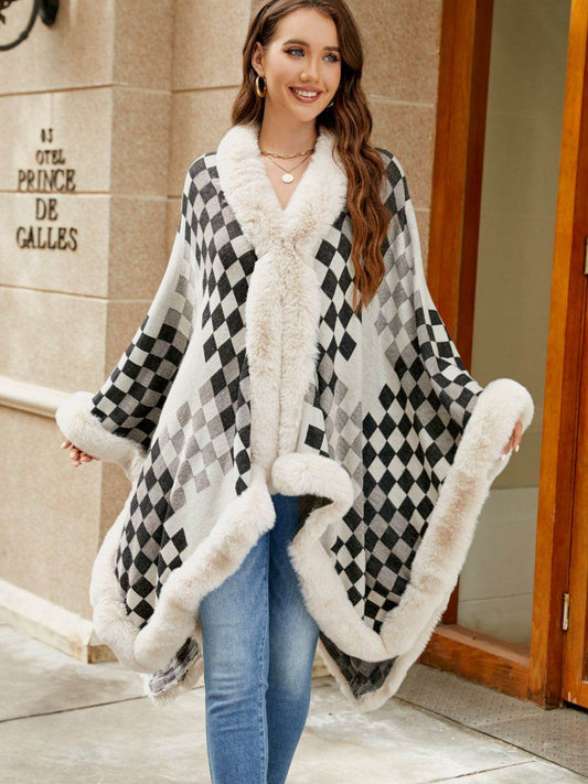 Checkered Faux Fur Trim Poncho - Millivan supplies