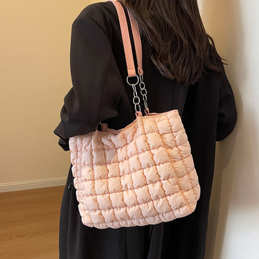 Chain Plaid Down Handbag - Bubble Designer Tote