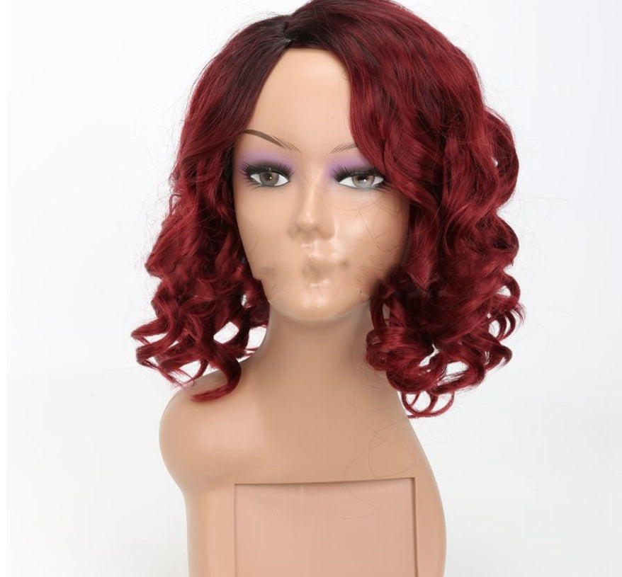 Women's European Beauty Wig - Wine Red Oblique Bangs High Temperature Fiber 12 Inch