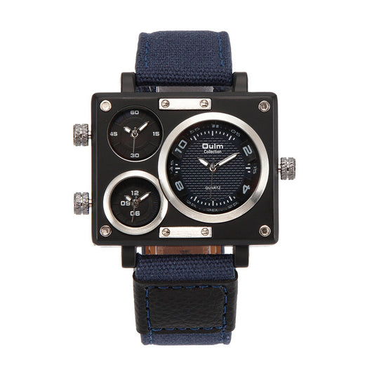 Men's Multi Time Zone Square Canvas Watch