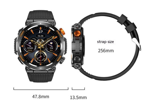 Smartwatch with detailed measurements on a white background