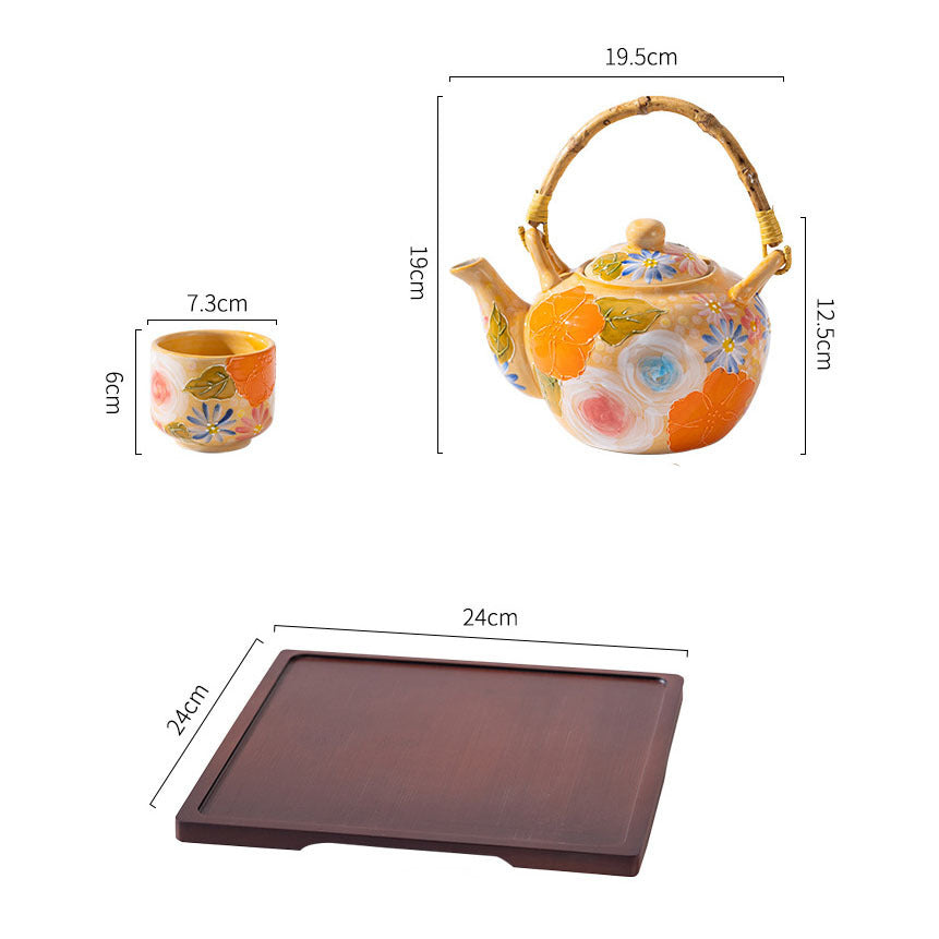Elegant Lifting Handle Household Ceramic Underglaze Teapot Suit Hand Painted Good-looking Retro Water Glass - Orange