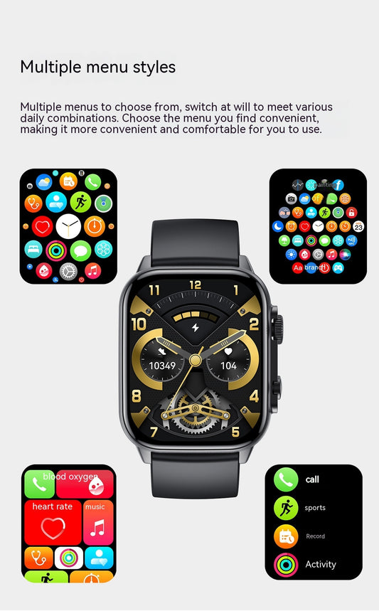 Smartwatch with multiple menu styles displayed on a white background