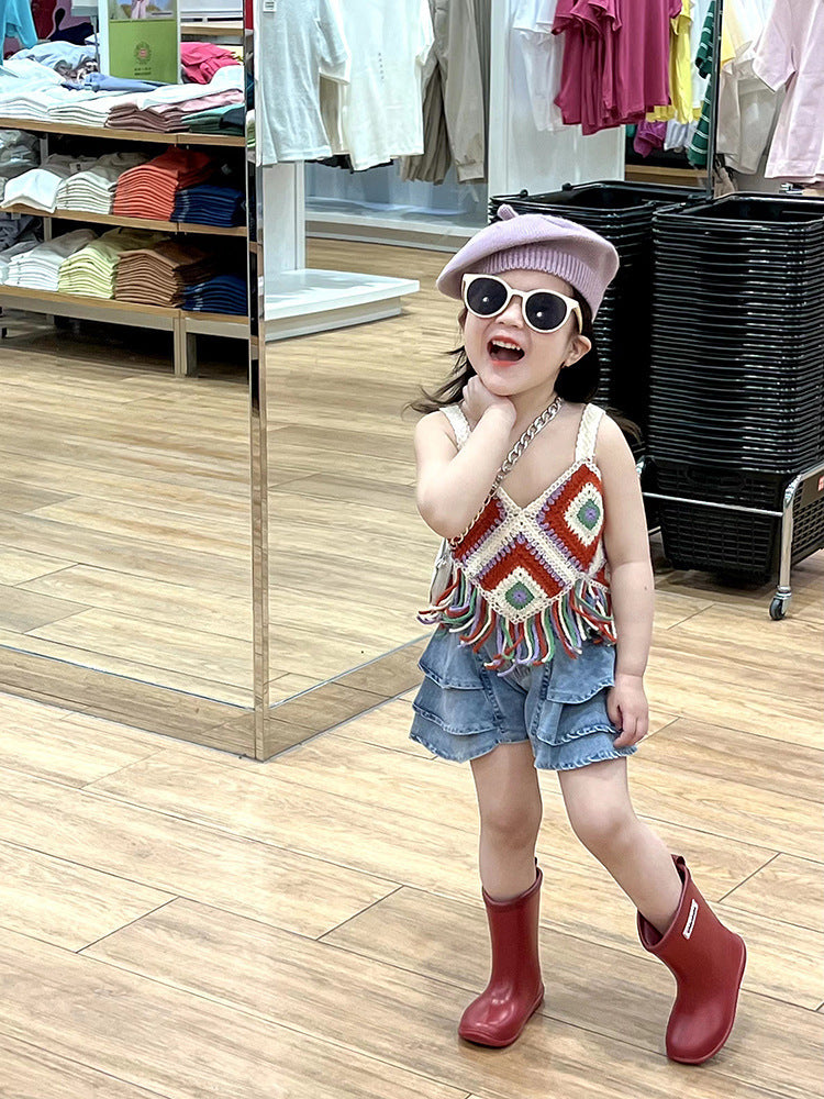 Girls' Hollow Knitted Short Tassel Camisole National Style Top Thin Cake Shorts Two-piece Set