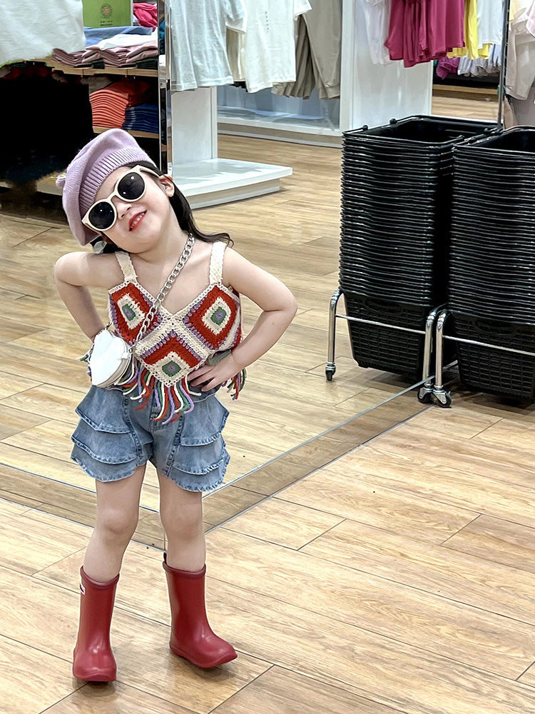 Girls' Hollow Knitted Short Tassel Camisole National Style Top Thin Cake Shorts Two-piece Set