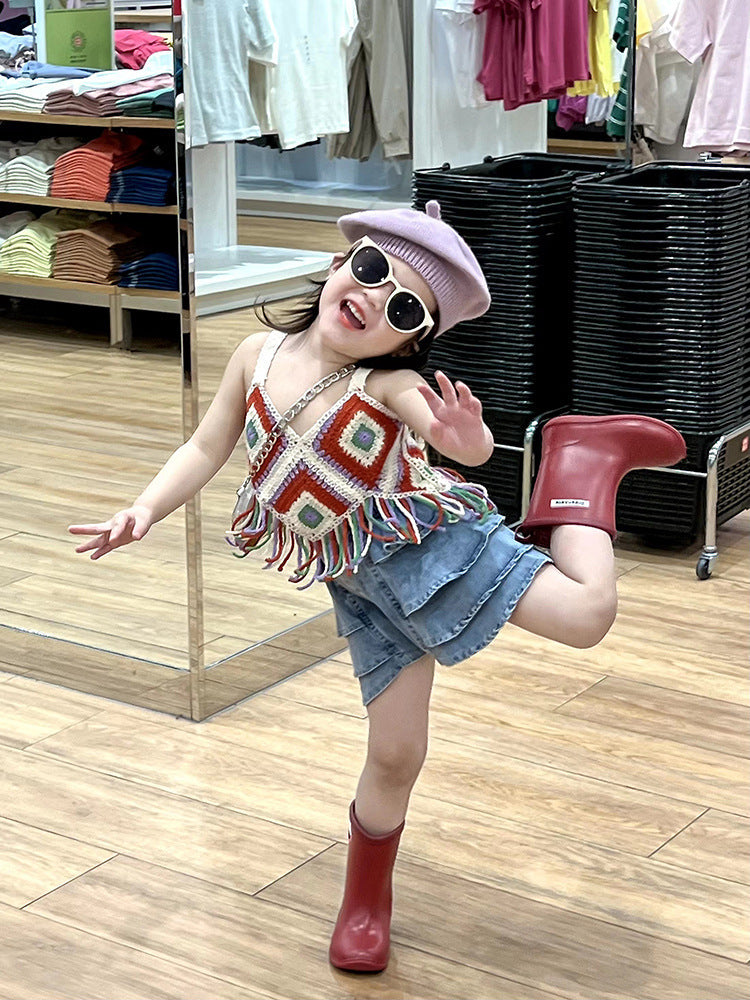 Girls' Hollow Knitted Short Tassel Camisole National Style Top Thin Cake Shorts Two-piece Set