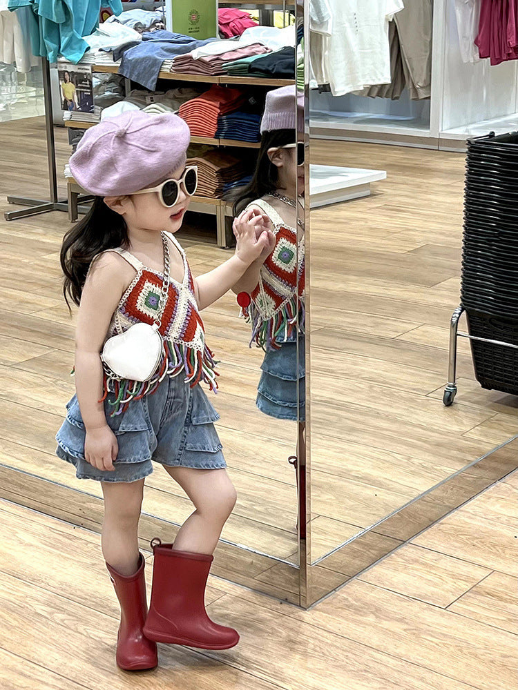 Girls' Hollow Knitted Short Tassel Camisole National Style Top Thin Cake Shorts Two-piece Set