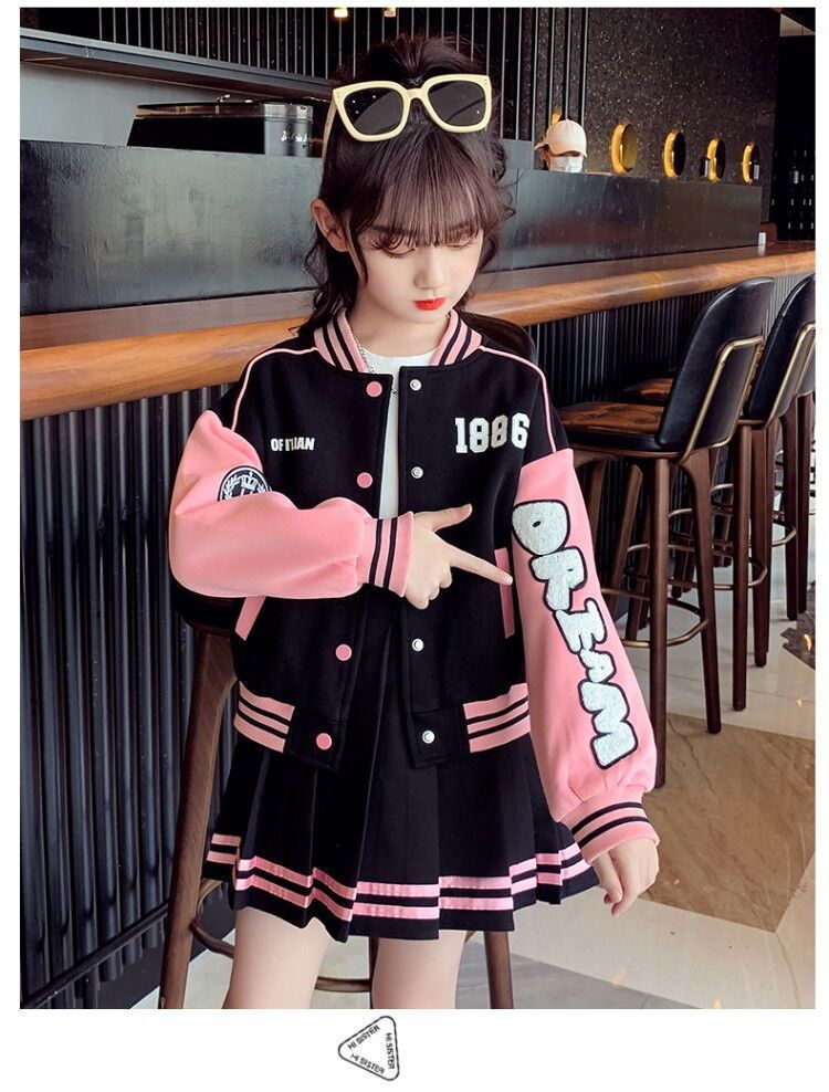 Children's Baseball Jacket, College Style, Pleated Skirt, Two-piece Set