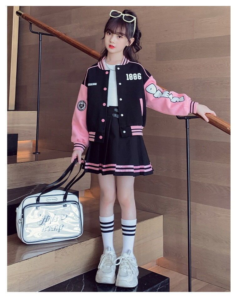 Children's Baseball Jacket, College Style, Pleated Skirt, Two-piece Set