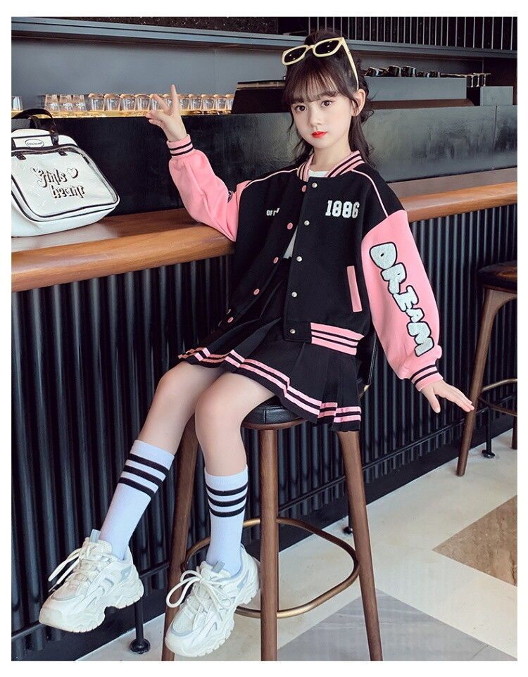 Children's Baseball Jacket, College Style, Pleated Skirt, Two-piece Set