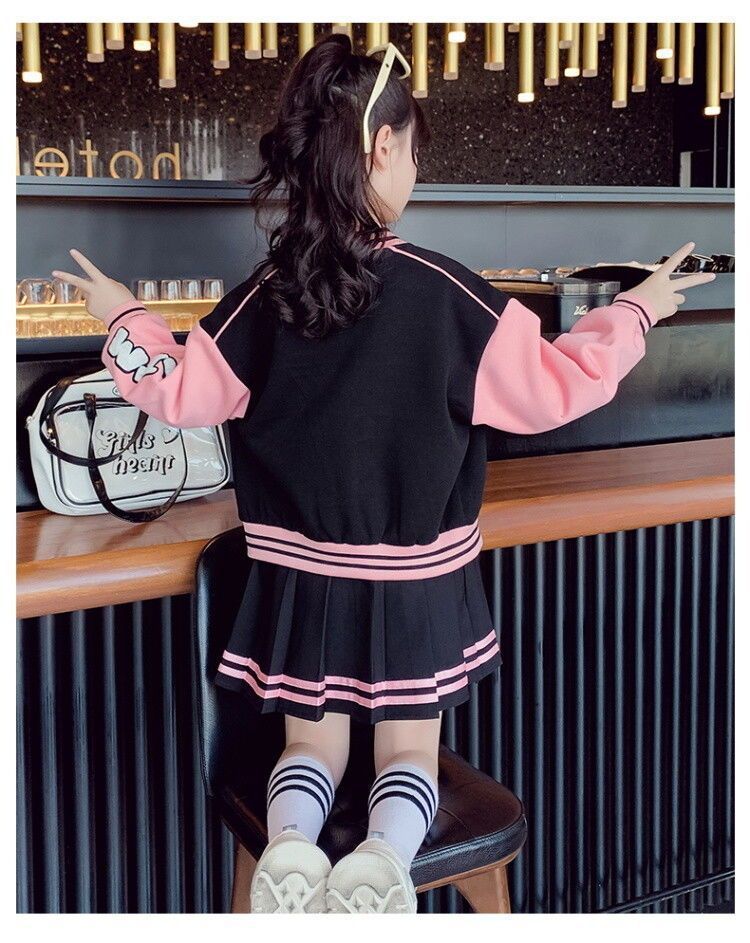 Children's Baseball Jacket, College Style, Pleated Skirt, Two-piece Set