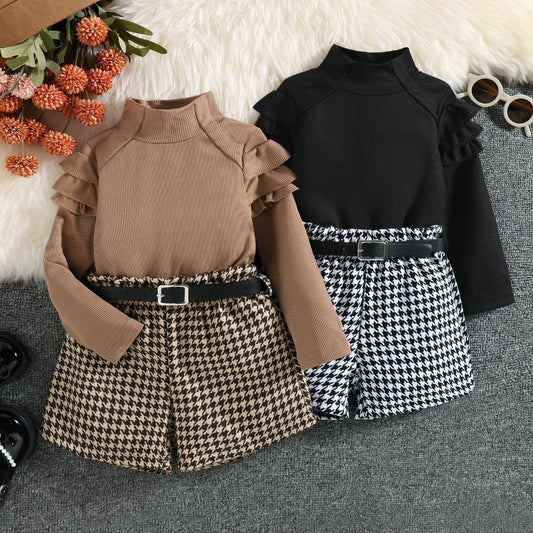 Children's Turtleneck Flounce Long Sleeve Shorts Including Belt Suit