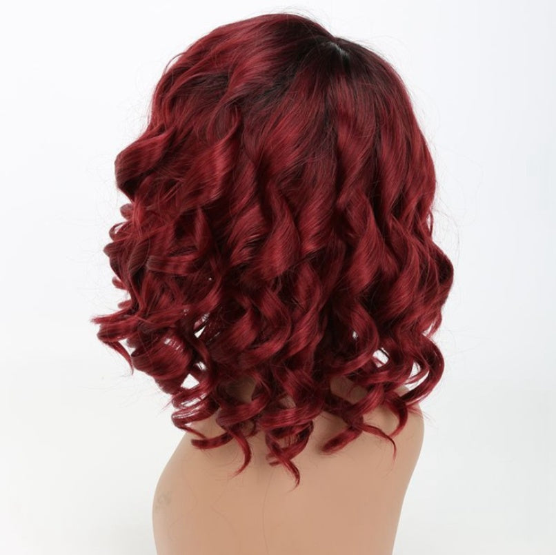 Women's European Beauty Wig - Wine Red Oblique Bangs High Temperature Fiber 12 Inch