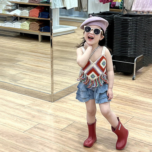 Girls' Hollow Knitted Short Tassel Camisole National Style Top Thin Cake Shorts Two-piece Set