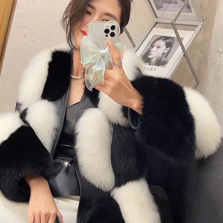 Women's Black & White Contrast Fur Coat - Adult Luxury Winter Outerwear