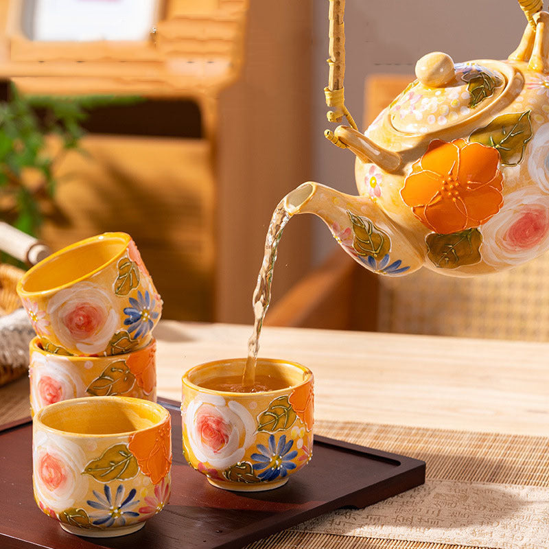 Elegant Lifting Handle Household Ceramic Underglaze Teapot Suit Hand Painted Good-looking Retro Water Glass - Orange