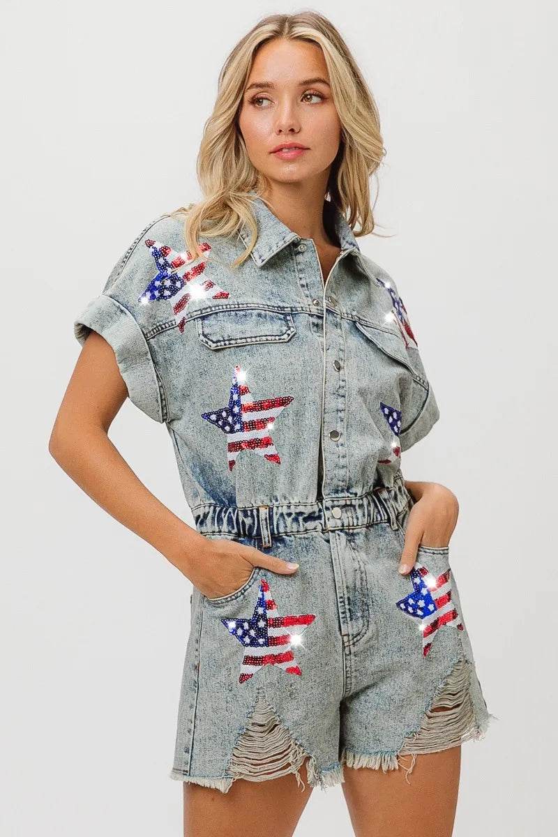 BiBi American Flag Washed Romper - Millivan supplies