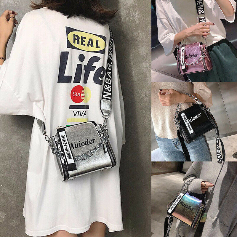 Letter print crossbody bag with wide shoulder strap
