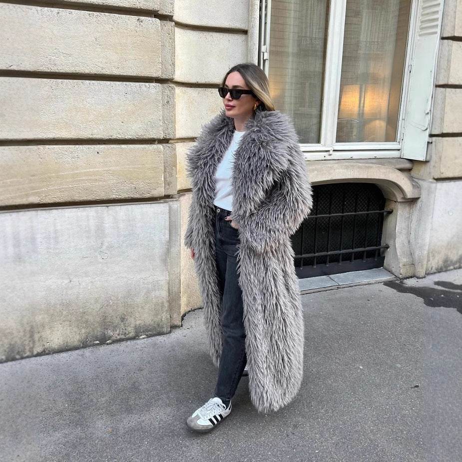 Gray Lapel Extended Plush Coat Warm Thickened Fleece-lined - Millivan supplies