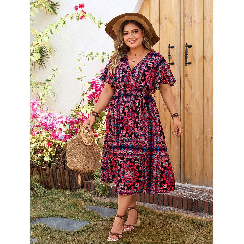 Retro Plus-sized Loose Printed Dress - Casual V-neck Dress - Millivan supplies