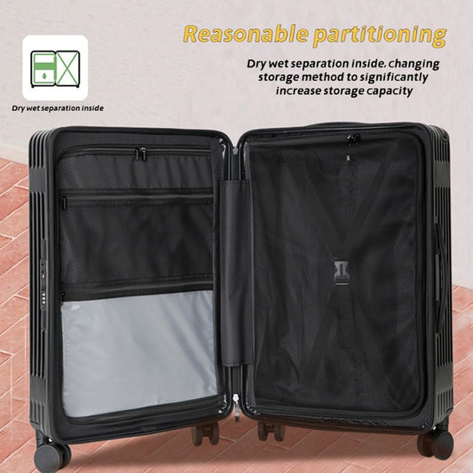 Black suitcase with open compartment showing dry and wet separation feature on a tiled floor.