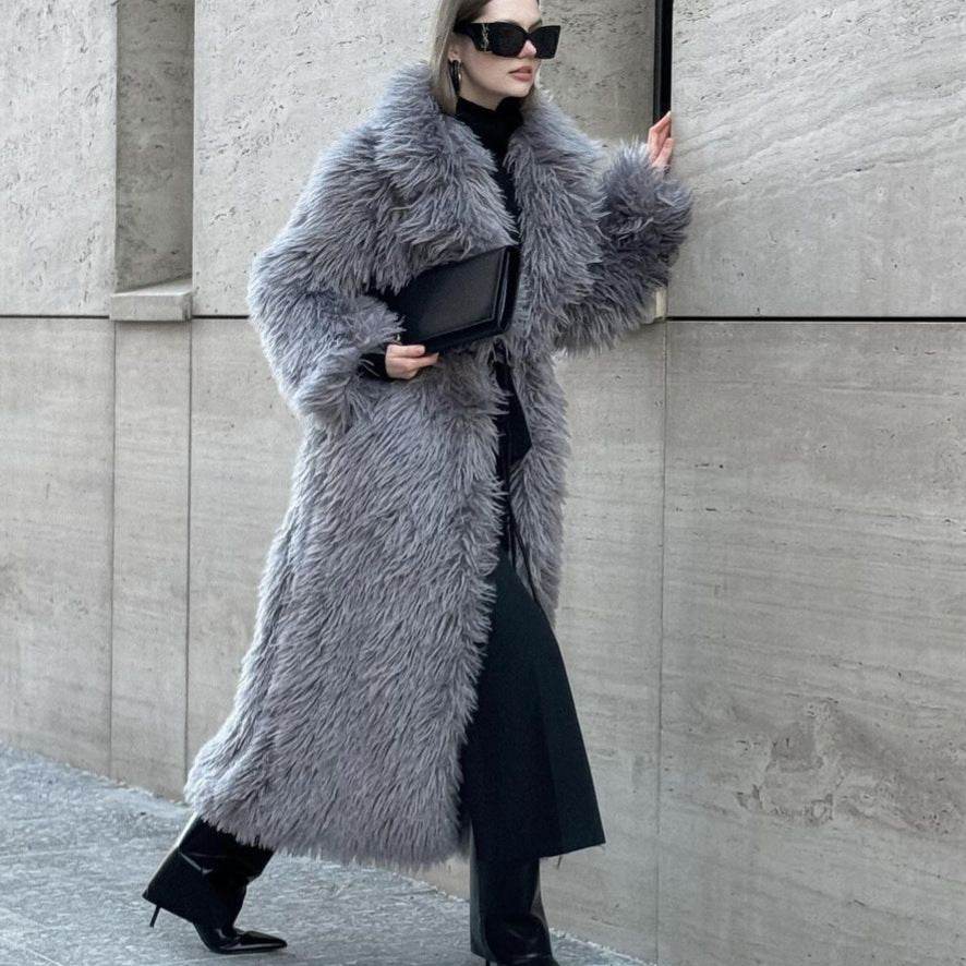Gray Lapel Extended Plush Coat Warm Thickened Fleece-lined - Millivan supplies