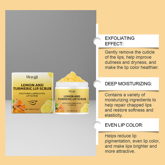 Huggi Lemon and Turmeric Lip Scrub packaging with exfoliating, moisturizing, and color-evening effects text on a beige background.