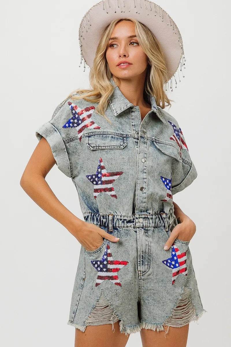 BiBi American Flag Washed Romper - Millivan supplies