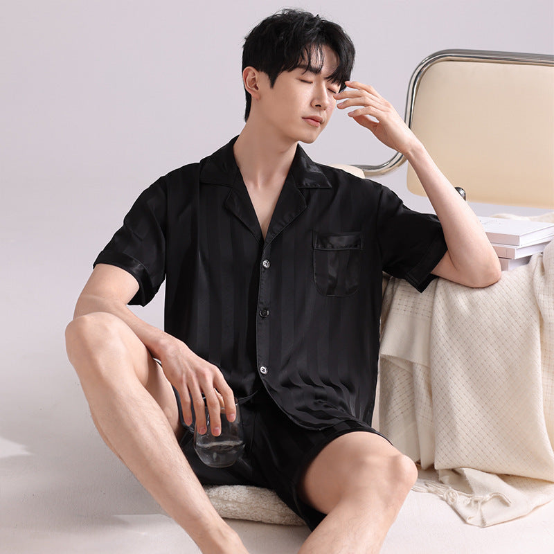 Men's Ice Silk Pajamas - Adult Summer Sleepwear Big Black Plaid