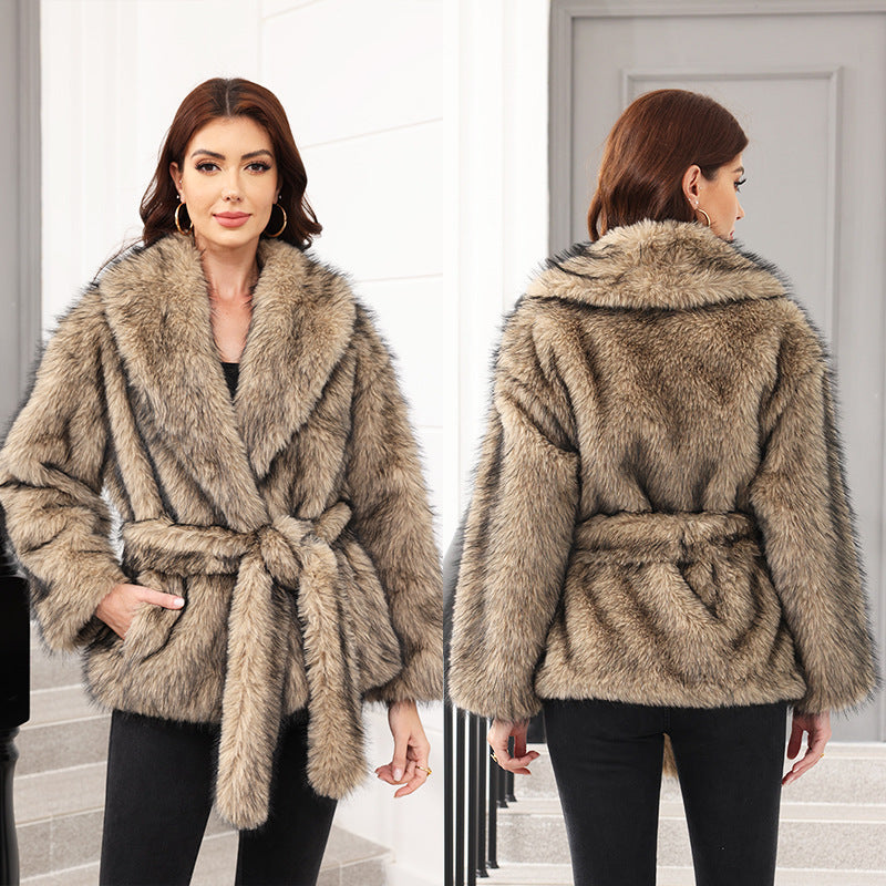 Women's Fur Mid-Length Coat with Belt - Adult Fashionable Winter Outerwear