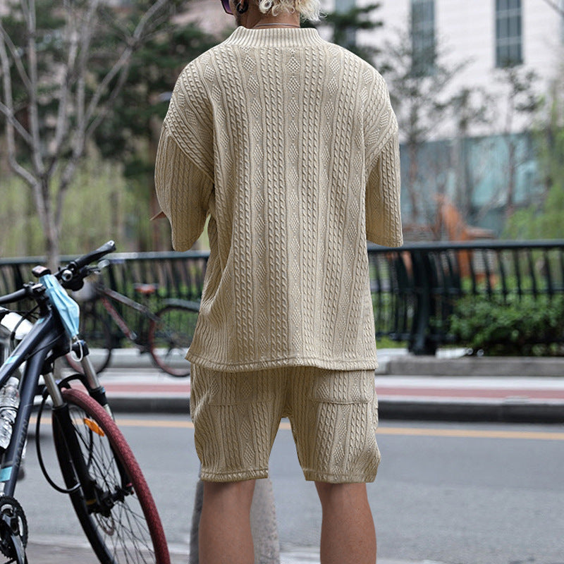 Casual Jacquard Suits Summer V-neck Short-sleeved T-shirt And Drawstring Pocket Shorts Fashion 2pcs Set