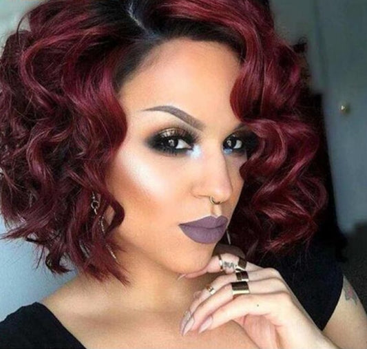 Women's European Beauty Wig - Wine Red Oblique Bangs High Temperature Fiber 12 Inch
