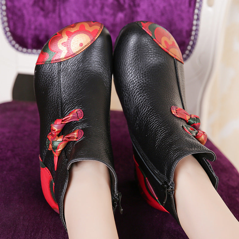 Boots leather women's short boots thick heel bow and cotton warm shoes