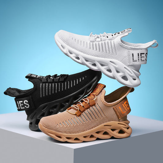 Three sneakers in white, black, and brown on a blue background