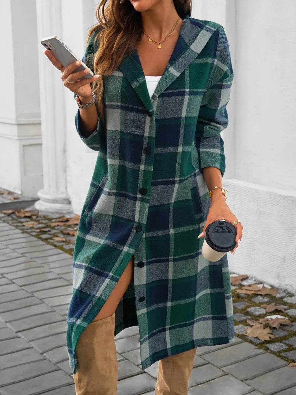 Devine Plaid Long Sleeve Hooded Coat - Millivan supplies