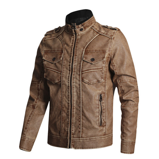Brown leather jacket on a white background