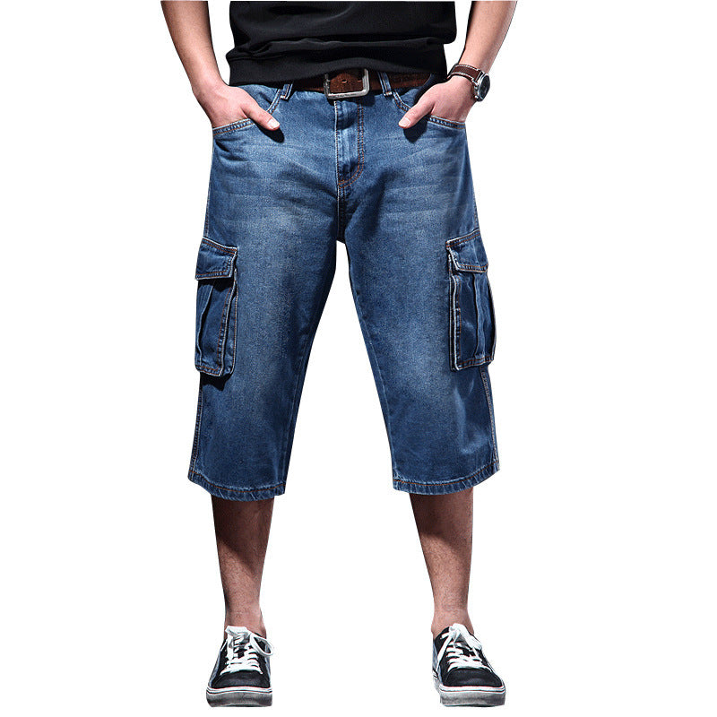 Men's Summer Workwear Jeans - Adult Loose Multi-Pocket Cropped Pants