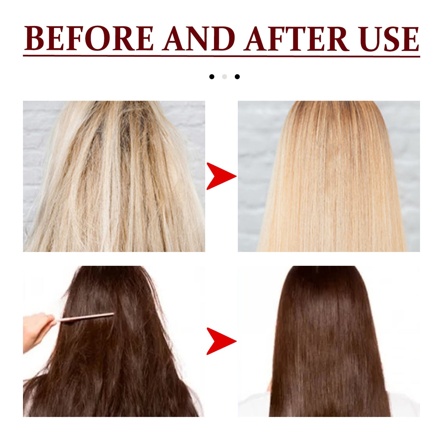 Before and after use comparison of hair product on a white background