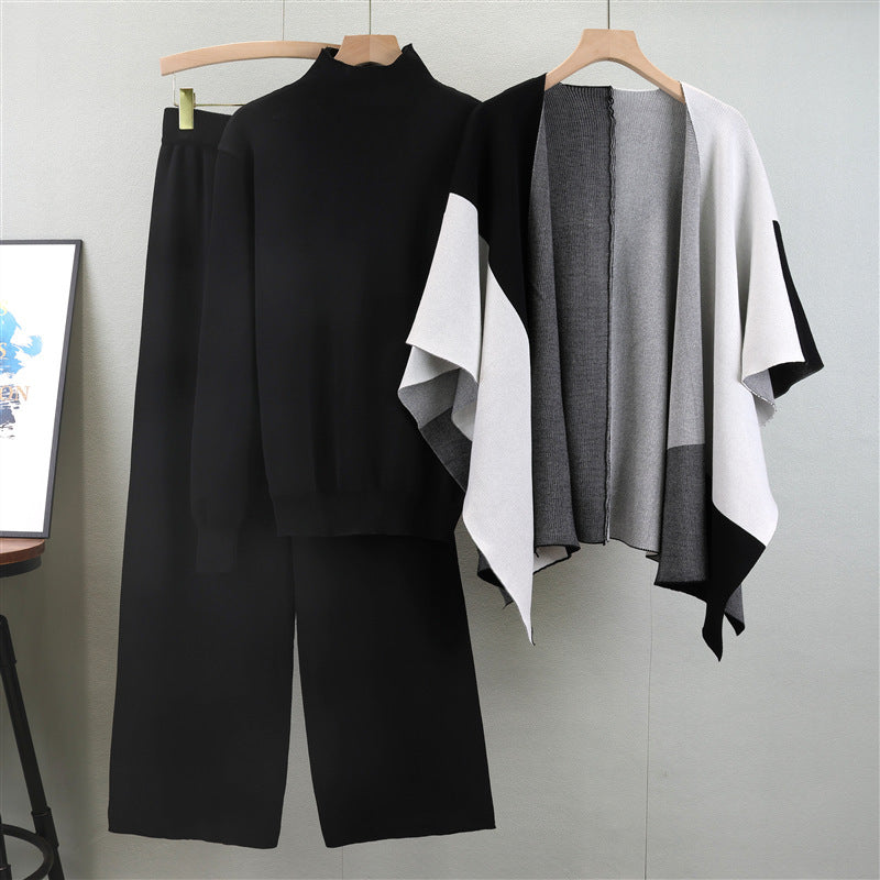 Women's Autumn Knitted Three-Piece Set - Adult European Fashion Shawl & Wide Leg Pants