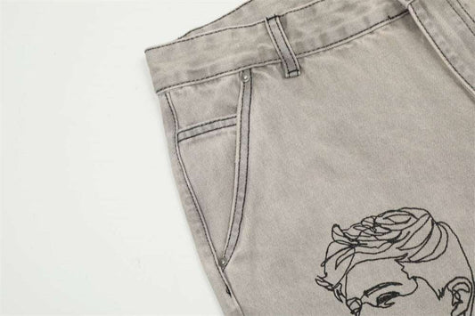 Men's Graffiti Print Loose Straight-Leg Denim Trousers | Light Gray | S–2XL