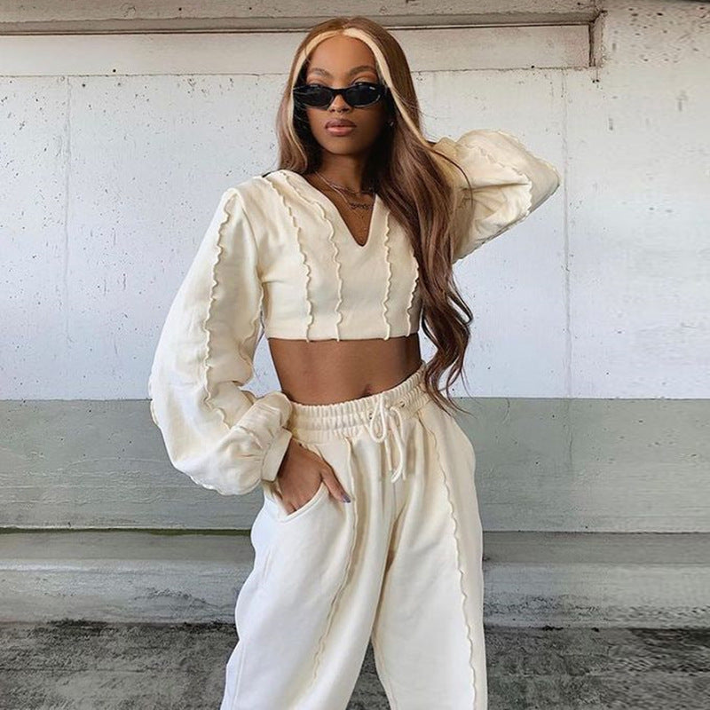 Women's Navel Cropping Short V Neck Long Sleeved Sweatshirt Sports Trousers Two Piece Suit