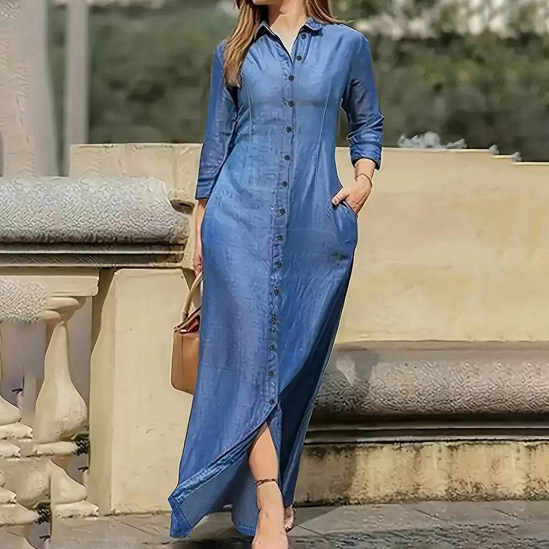Womens Casual Button Down Denim Maxi Dress Long Sleeve Long Jean Dresses With Pockets - Millivan supplies