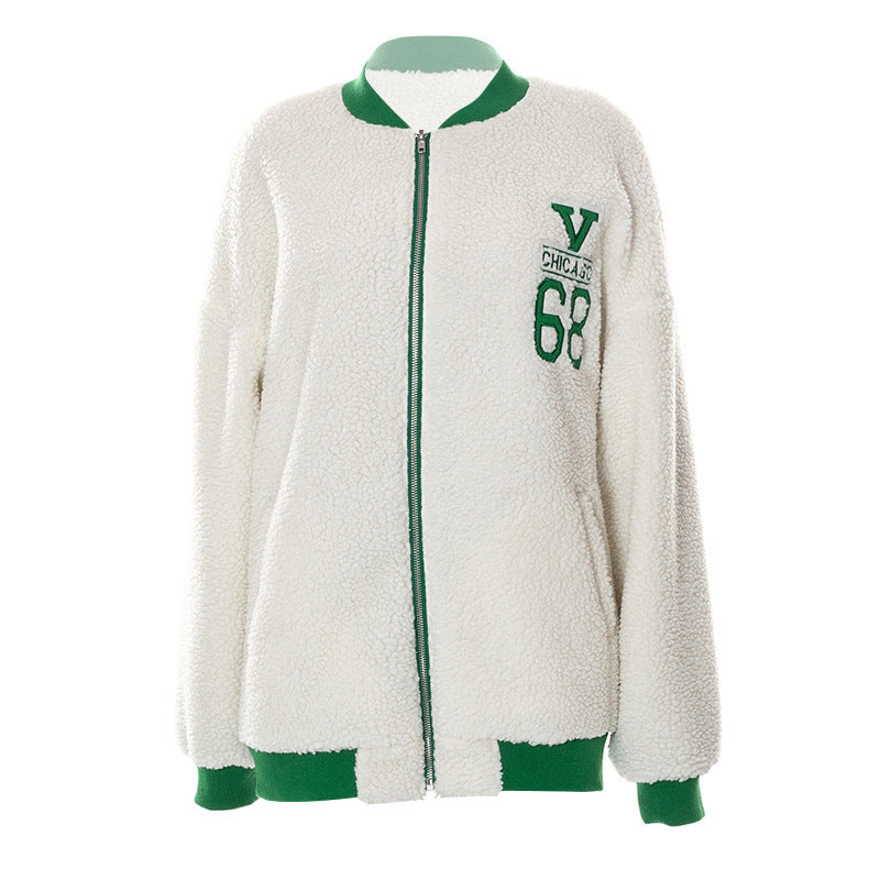 Women's New Letter Embroidered Loose Casual Lamb Wool Jacket - Adult Fashion Outerwear
