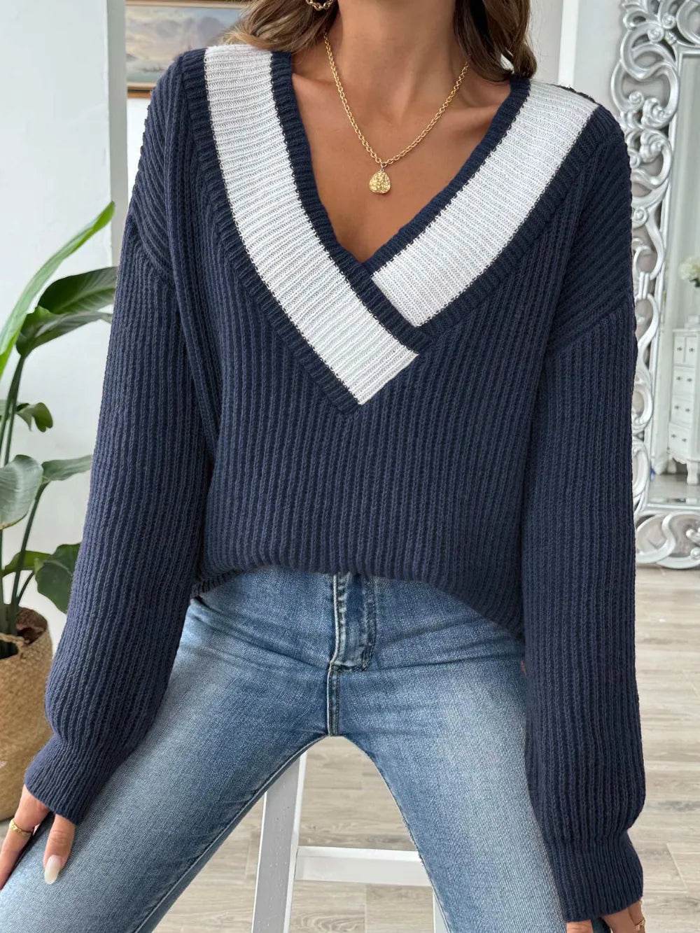 Contrast Dropped Shoulder Long Sleeve Sweater - Millivan supplies