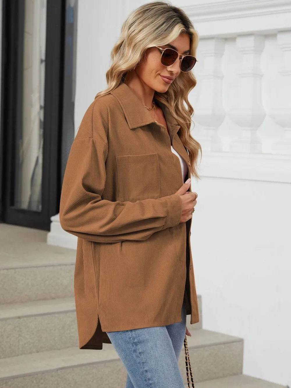 Button Up Dropped Shoulder Long Sleeve Outerwear - Millivan supplies