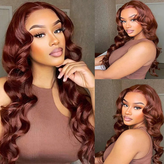 Woman with long, wavy red hair styled in different ways.