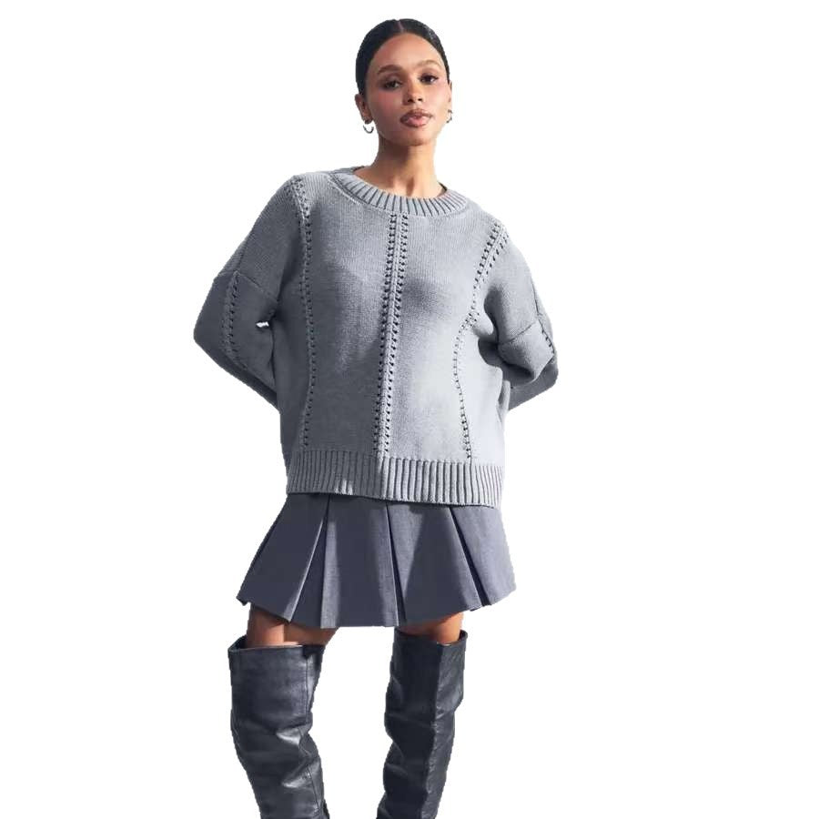 Women's Loose Round Neck Sweater - Adult Idle Style Casual Top