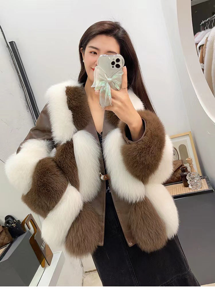 Women's Black & White Contrast Fur Coat - Adult Luxury Winter Outerwear