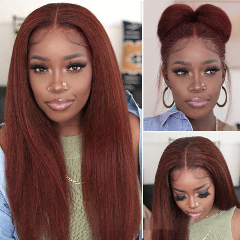 Collage of a woman with red hair styled in different ways.
